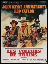 9b488 TRAIN ROBBERS French 23x31 '73 great art of cowboy John Wayne & sexy Ann-Margret!