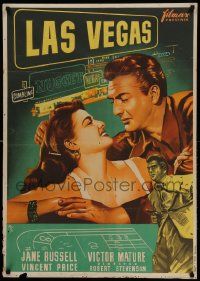 9b551 LAS VEGAS STORY Spanish '52 Victor Mature & sexy Jane Russell, craps gambling art by MCP!