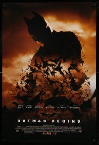 9c075 BATMAN BEGINS advance DS 1sh '05 June 17, image of Christian Bale in title role with bats!