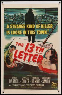 9f250 13th LETTER linen 1sh '51 Otto Preminger, Linda Darnell, a strange kind of killer is loose!