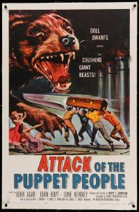 9f008 ATTACK OF THE PUPPET PEOPLE linen 1sh '58 Brown art of tiny people with knife attacking dog!