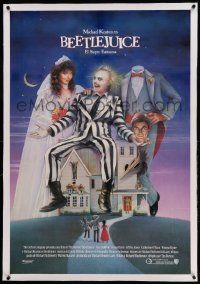 9f015 BEETLEJUICE linen Spanish/U.S. 1sh '88 Tim Burton, Ramsey art of Keaton, Baldwin & Geena Davis!