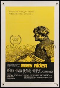 9f065 EASY RIDER linen 1sh '69 great art of Peter Fonda, biker classic directed by Dennis Hopper!