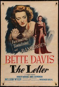 9f140 LETTER linen 1sh '40 fascinating & dangerous Bette Davis close up & full-length!