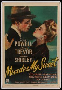 9f163 MURDER, MY SWEET linen 1sh '44 Dick Powell & Claire Trevor in Raymond Chandler classic noir!