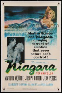 9f168 NIAGARA linen 1sh '53 classic art of giant sexy Marilyn Monroe on famous waterfall + photo!