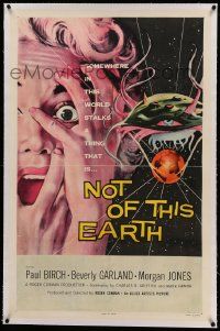 9f173 NOT OF THIS EARTH linen 1sh '57 classic close up art of screaming girl & alien monster!