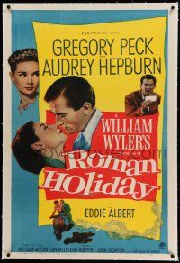 9f207 ROMAN HOLIDAY linen 1sh '53 Audrey Hepburn & Gregory Peck about to kiss and riding on Vespa!