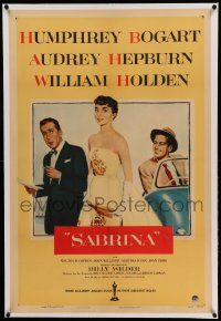9f211 SABRINA linen 1sh '54 Audrey Hepburn between Humphrey Bogart & William Holden, Billy Wilder!