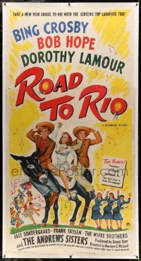 9g036 ROAD TO RIO linen 3sh '48 great art of Bing Crosby, Bob Hope, & Dorothy Lamour in Brazil!