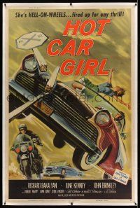 9g043 HOT CAR GIRL linen 40x60 '58 she's Hell-on-wheels, fired up for any thrill, classic image!