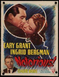 9g090 NOTORIOUS linen Belgian 1948 art of Cary Grant & Ingrid Bergman in big key, Hitchcock classic!