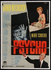 9g059 PSYCHO linen German '60 Rolf Goetze art of Janet Leigh, Anthony Perkins AND Alfred Hitchcock!