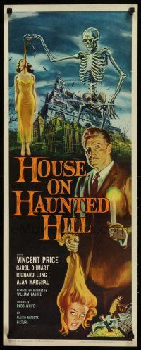 9g247 HOUSE ON HAUNTED HILL insert '59 classic art of Vincent Price & skeleton with hanging girl!