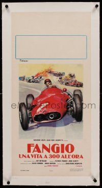 9g118 FANGIO UNA VITA A 300 ALL'ORA linen Italian locandina '80 early Formula 1 racing, Ciriello art