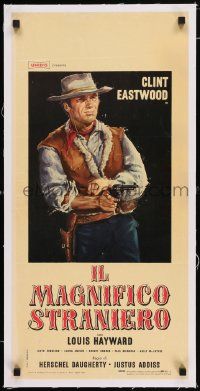 9g120 MAGNIFICENT STRANGER linen Italian locandina '66 great art of Clint Eastwood pointing gun!