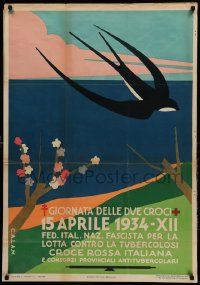 9g346 GIORNATA DELLE DUE CROCI Italian 28x40 '34 Red Cross, great art of bird flying over coast!
