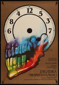 9g332 HUNGER Polish 26x38 '84 bizarre Wieslaw Walkuski artwork of colorful skull clock!