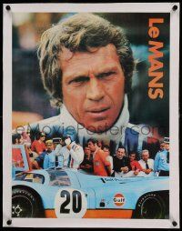 9g184 LE MANS linen 17x22 special '71 Gulf Oil, race car driver Steve McQueen, orange title design!