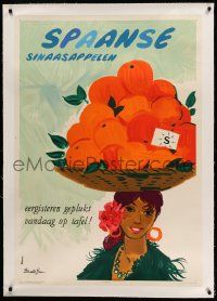 9g171 SPAANSE SINAASAPPELEN linen 32x46 Belgian advertising poster '50s Brun art of woman w/oranges!