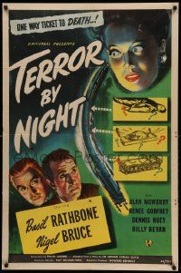 9g278 TERROR BY NIGHT 1sh '46 Basil Rathbone is Sherlock Holmes, Nigel Bruce as Watson, train art!