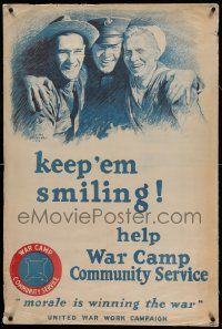 9g162 KEEP 'EM SMILING linen 27x42 WWI war poster 1918 art of happy personnel by Leone M. Bracker!
