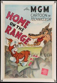 9h011 HOME ON THE RANGE linen 1sh '40 cartoon art of snarling hungry wolf going after young calf!