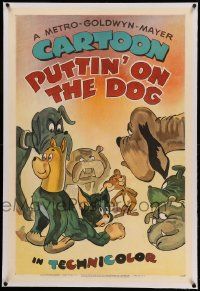 9h019 PUTTIN' ON THE DOG linen 1sh '44 art of Tom in disguise & Jerry surrounded by angry dogs!