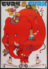 9k854 CYRK 27x39 Polish commercial poster '70 Waldemar Swierzy art of red elephant on bicycle!