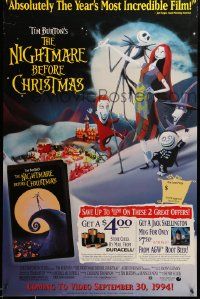 9k769 NIGHTMARE BEFORE CHRISTMAS 26x40 video poster '93 Tim Burton, Disney, different image!
