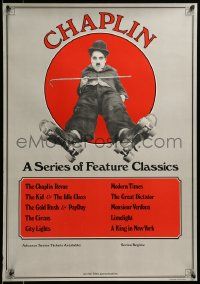 9k233 CHAPLIN 20x28 film festival poster '73 image of Charlie with cane wearing roller skates!
