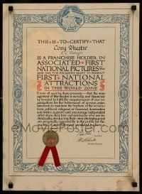 9k142 COSY THEATRE 16x22 certificate 1919 showing it was authorized to show First National movies!
