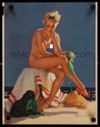 9k166 GIL ELVGREN 13x16 special '50 pin-up, naked woman frustrated with a cool, but naughty, dog!