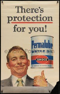 9k455 PERMALUBE MOTOR OIL 28x43 advertising poster '50s smiling man gives thumbs up sign!