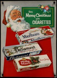 9k167 SAY MERRY CHRISTMAS WITH CIGARETTES 19x26 advertising poster '50s art of Santa & cigs!