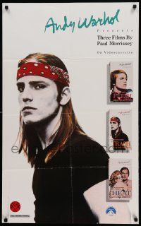 9k806 THREE FILMS BY PAUL MORRISSEY 23x37 video poster '88 cool images of Joe Dallesandro!
