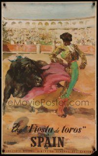 9k153 FIESTA DE TOROS IN SPAIN 24x39 Spanish travel poster '40s cool Casero art of matador & bull!