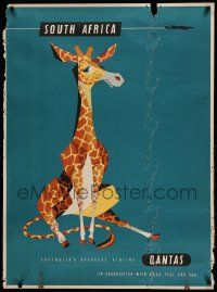 9k302 QANTAS SOUTH AFRICA 29x39 Australian travel poster 1950s art of a giraffe by Harry Rogers!