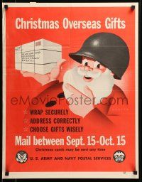 9k086 CHRISTMAS OVERSEAS GIFTS 21x27 WWII war poster '45 art of Santa with army helmet giving tips!