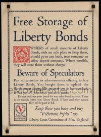 9k123 FREE STORAGE OF LIBERTY BONDS 16x22 WWI war poster 1918 don't quit & sell to speculators!