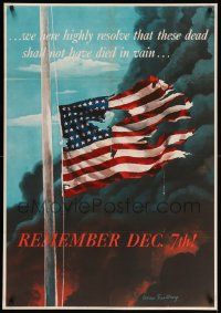 9k099 REMEMBER DEC. 7TH! 28x40 WWII war poster '42 Saalburg art of tattered half-mast American flag