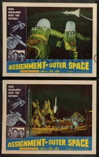 9r065 ASSIGNMENT-OUTER SPACE 8 LCs '62 cool image of rocket flying over planet's surface!