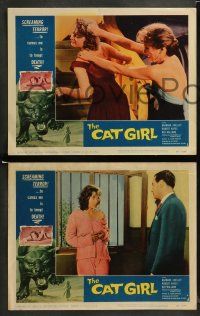 9r149 CAT GIRL 8 LCs '57 human feline Barbara Shelley, cool border art of huge cat, English horror!