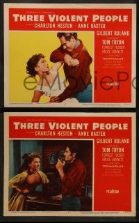 9r552 THREE VIOLENT PEOPLE 7 LCs '56 sexy Anne Baxter, Charlton Heston & Gilbert Roland!