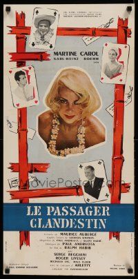 9t683 STOWAWAY French 15x31 '58 Martine Carol in tropical ocean surrounded by playing cards!