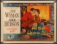 9w382 ALL THAT HEAVEN ALLOWS style A 1/2sh '55 romantic art of Rock Hudson kissing Jane Wyman!