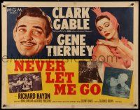9w761 NEVER LET ME GO style B 1/2sh '53 romantic close up art of Clark Gable & sexy Gene Tierney!
