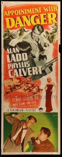 9w015 APPOINTMENT WITH DANGER insert '51 Alan Ladd with gun, sexy Phyllis Calvert, film noir!