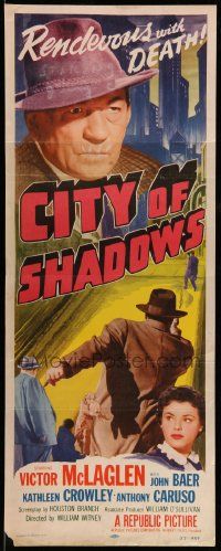 9w047 CITY OF SHADOWS insert '55 Victor McLaglen in New York City, cool crime artwork!