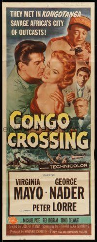 9w051 CONGO CROSSING insert '56 Peter Lorre pointing gun at Virginia Mayo & George Nader!